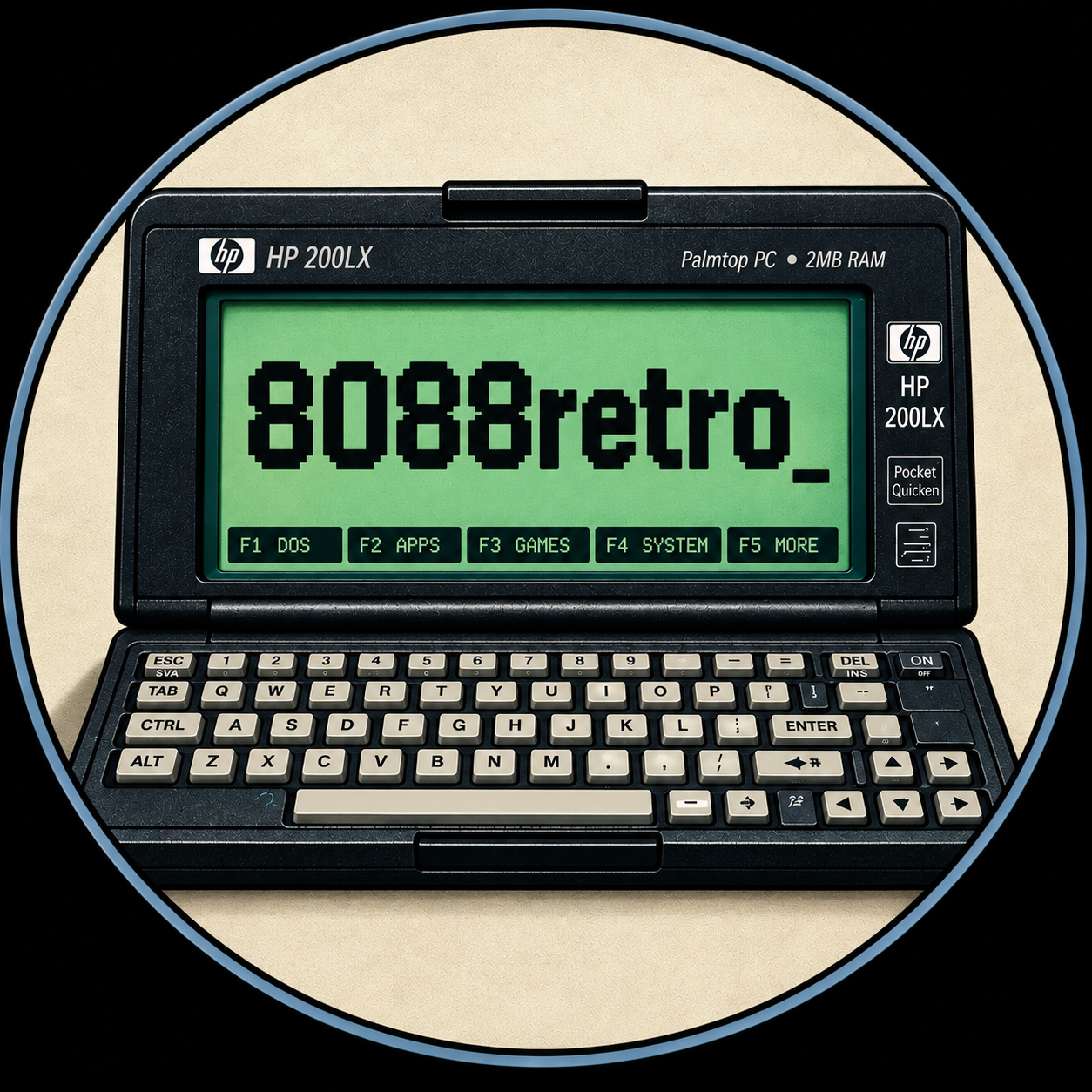 8088retro badge featuring an HP 200LX palmtop